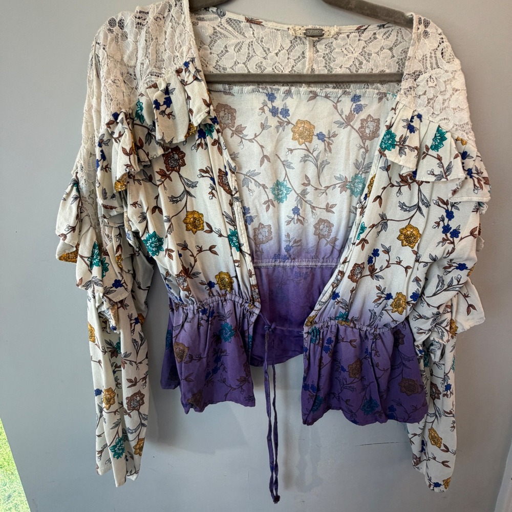 Gimmicks Floral Lace Ruffle Tie Front Top Women L Fairy Flowy Boho Cottagecore